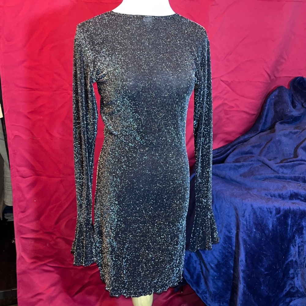 Black Silver Metallic Shimmer Open Back Mini Dress Bell Sleeve Rhinestone Detail